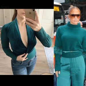 Deep V Neck long sleeves Green Top, size:M